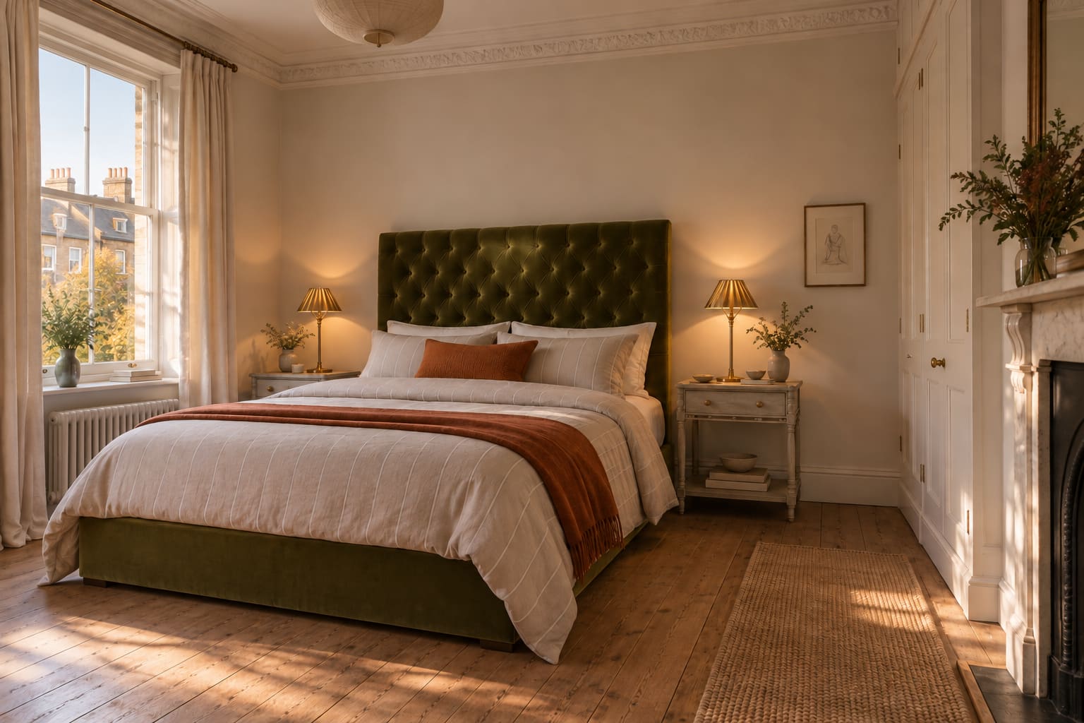 Illustrated Edwardian bedroom with an olive buttoned velvet bed, grey striped bedding, rust throw, two brass lamps, pale bedside tables and fitted wardrobes beside a fireplace.