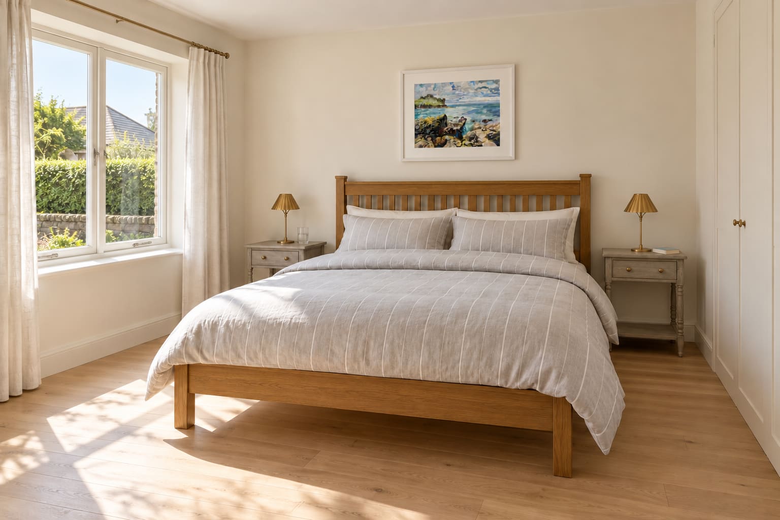 Illustrated bedroom with a low-footend oak bed, grey striped duvet, two small brass lamps, a coastal print and a broad window overlooking a garden.