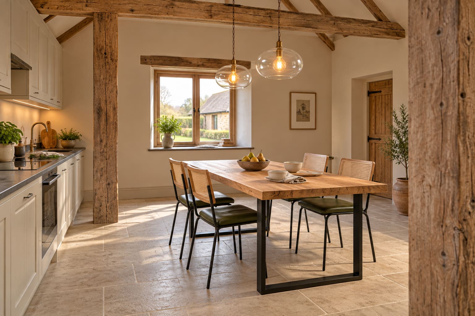 Illustrated barn kitchen with exposed timber posts, a rectangular wooden dining table, four cane-backed chairs with green seats and two glass pendants.