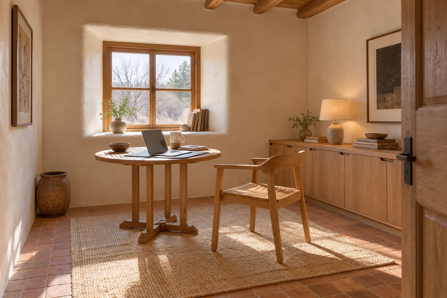 Illustrated adobe study with a round slatted teak table, writing mat and wooden armchair beneath a deep window, with low storage and terracotta flooring.
