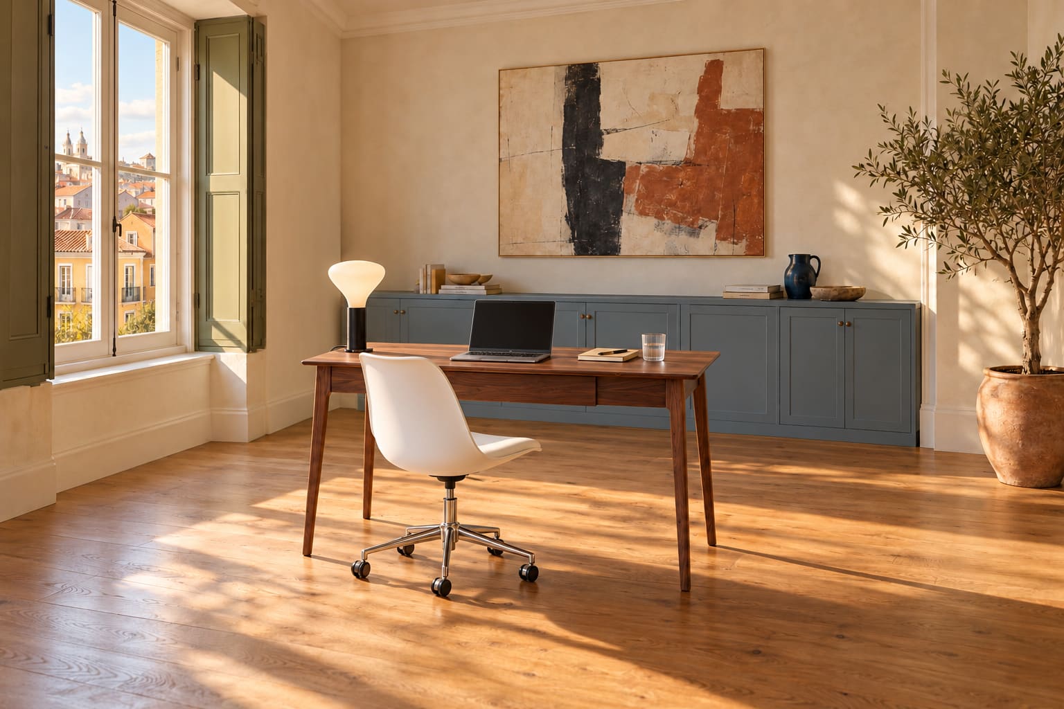 Illustrated Lisbon study with a freestanding walnut desk, white swivel chair, olive window shutters, dusty blue cupboards and a large terracotta-and-black abstract.