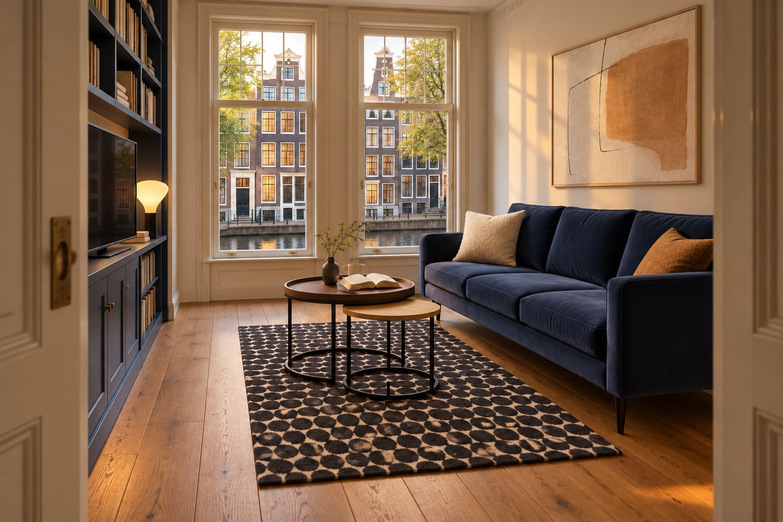 Illustrated narrow canal-house sitting room with a blue sofa, television in dark bookshelves, two round nesting tables, dotted rug and ochre abstract above the sofa.