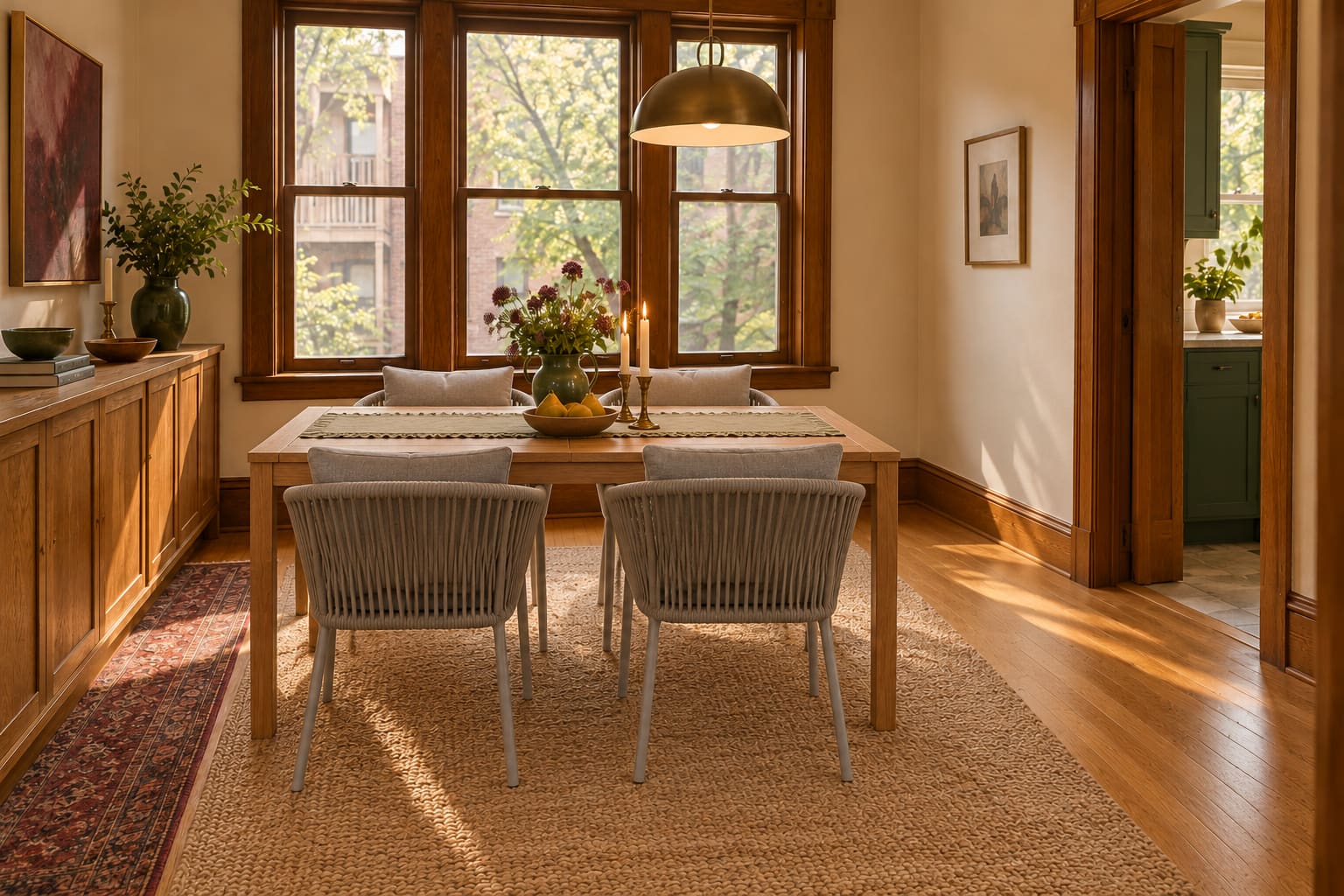 Illustrated Chicago dining room with four gray rope-backed chairs, a rectangular teak table, flat khaki runner, timber-framed sash windows and an open route to a green kitchen.