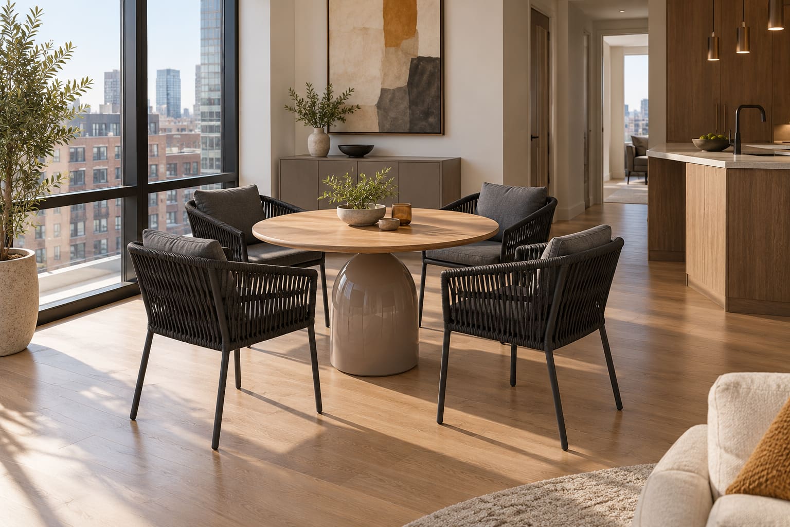 Illustrated Chicago apartment dining area with four graphite rope armchairs around a round teak table on a taupe pedestal, beside large windows and an open kitchen.