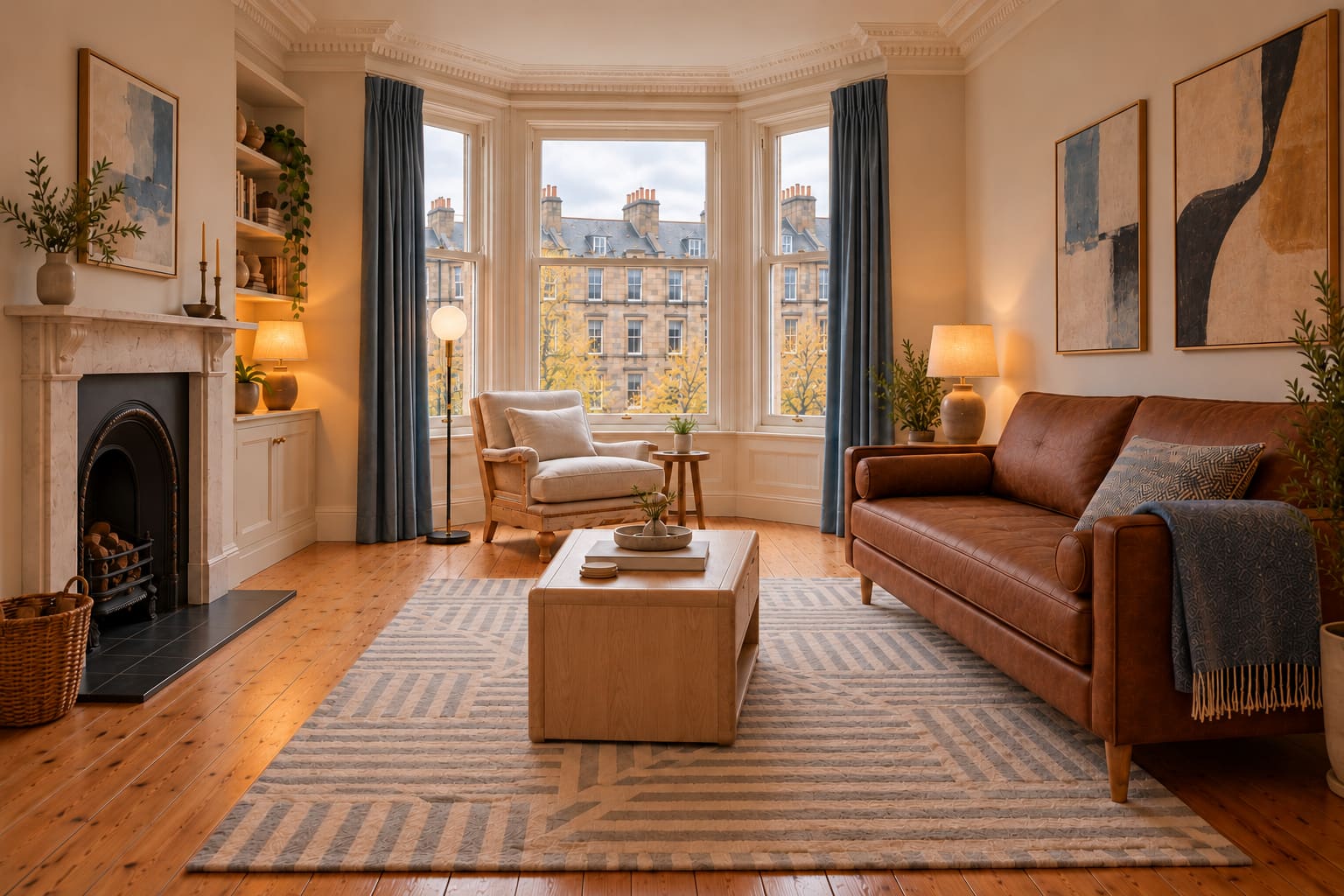 Illustrated Edinburgh sitting room with a centred three-sided sash bay, linen chair, fireplace on the left wall, brown sofa, blue curtains and a geometric rug.