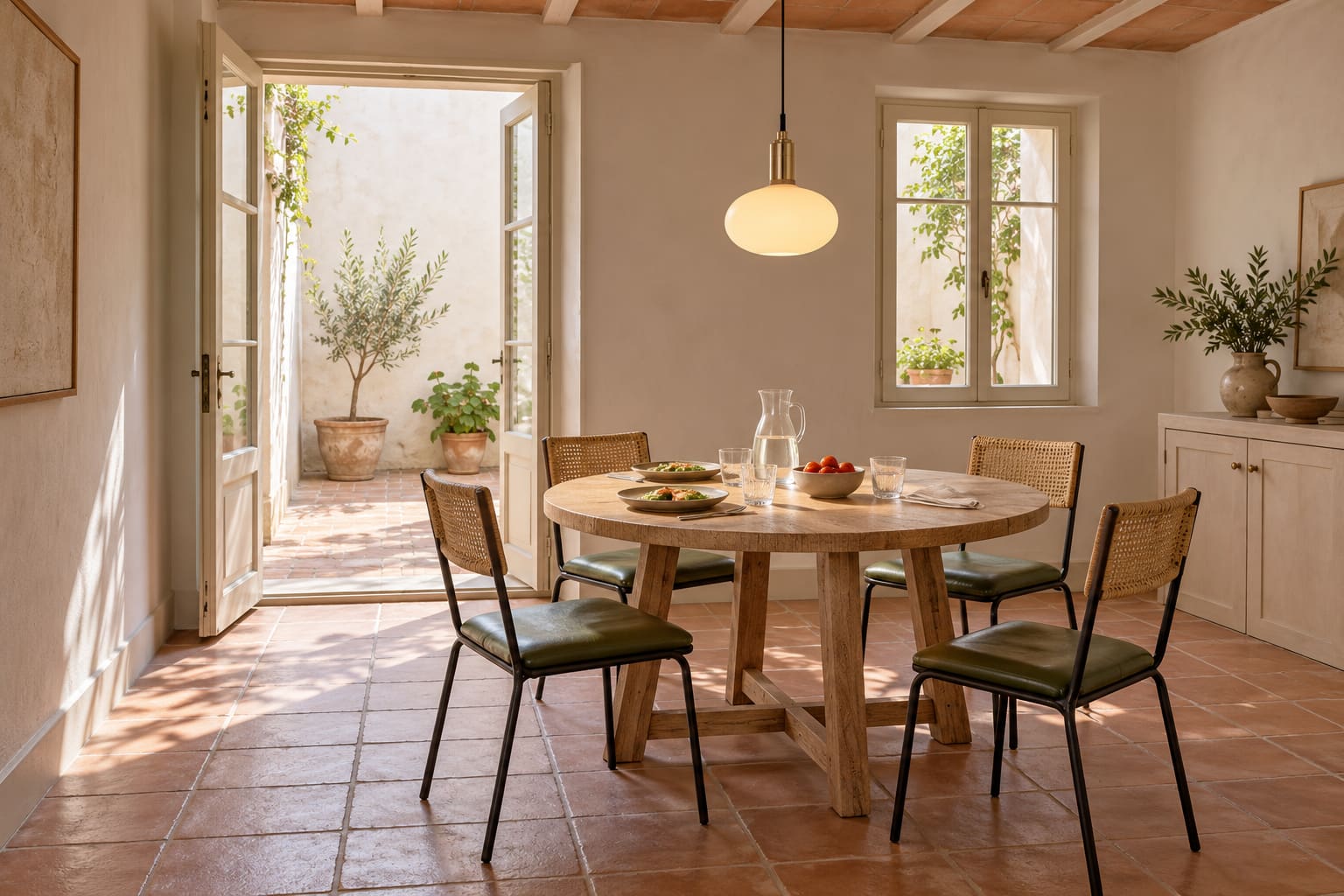 Illustrated dining room with a round wooden table and four green seated cane chairs beside open courtyard doors, terracotta tiles and an oval pendant.