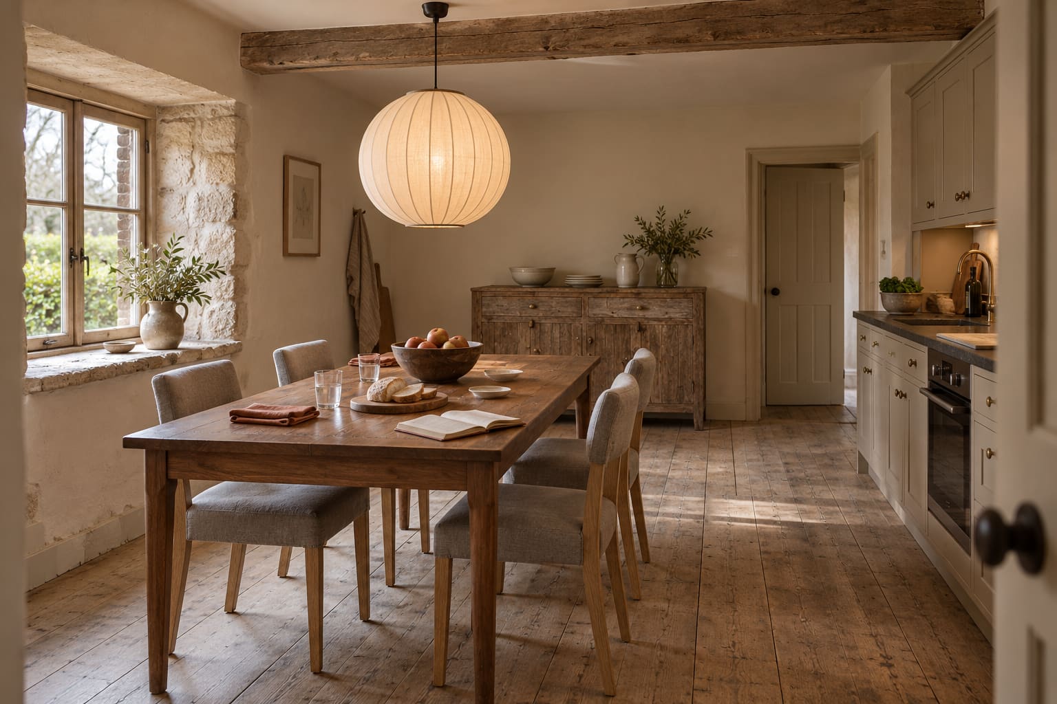 Illustrated cottage kitchen with a long timber table, four grey upholstered chairs, a round linen pendant, deep stone window reveal and cream cabinets along the right wall.