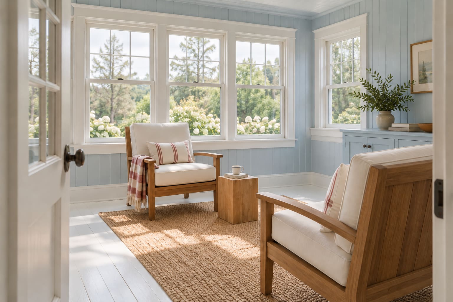 Illustrated pale blue sunroom with white sash windows, two cream-cushioned teak chairs, red striped textiles, a small timber block table and a low blue cabinet.