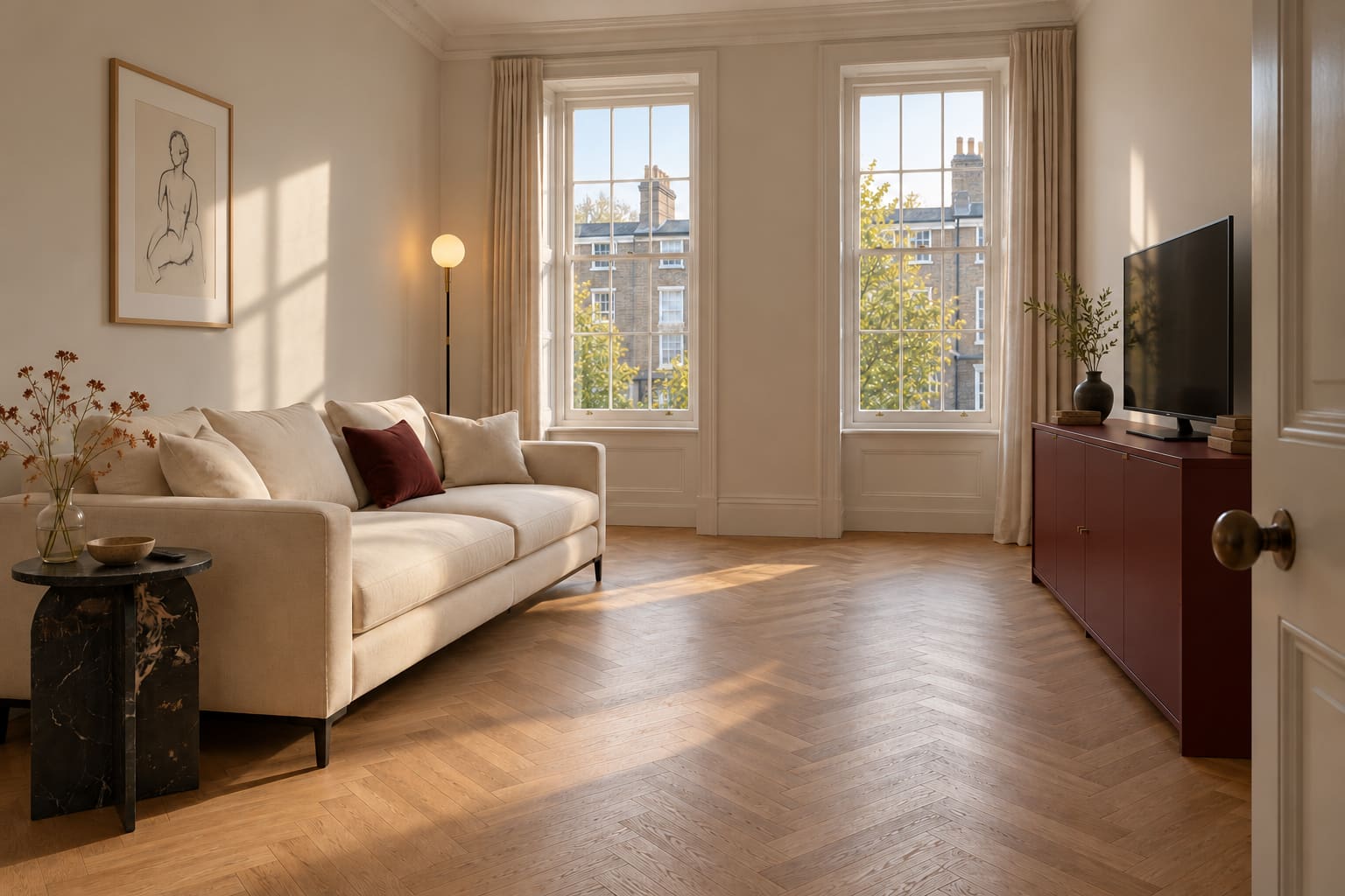 Illustrated Georgian sitting room with two tall sash windows, a cream sofa, black marble side table and television on a long oxblood cabinet.