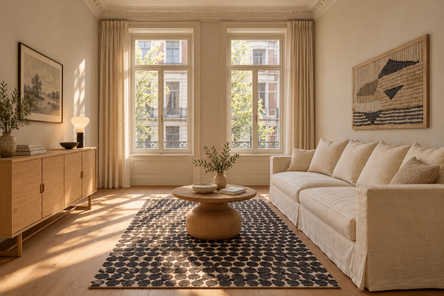 Illustrated Antwerp sitting room with two tall windows, a cream sofa opposite an oak sideboard, a round grooved table and a charcoal spotted rug.