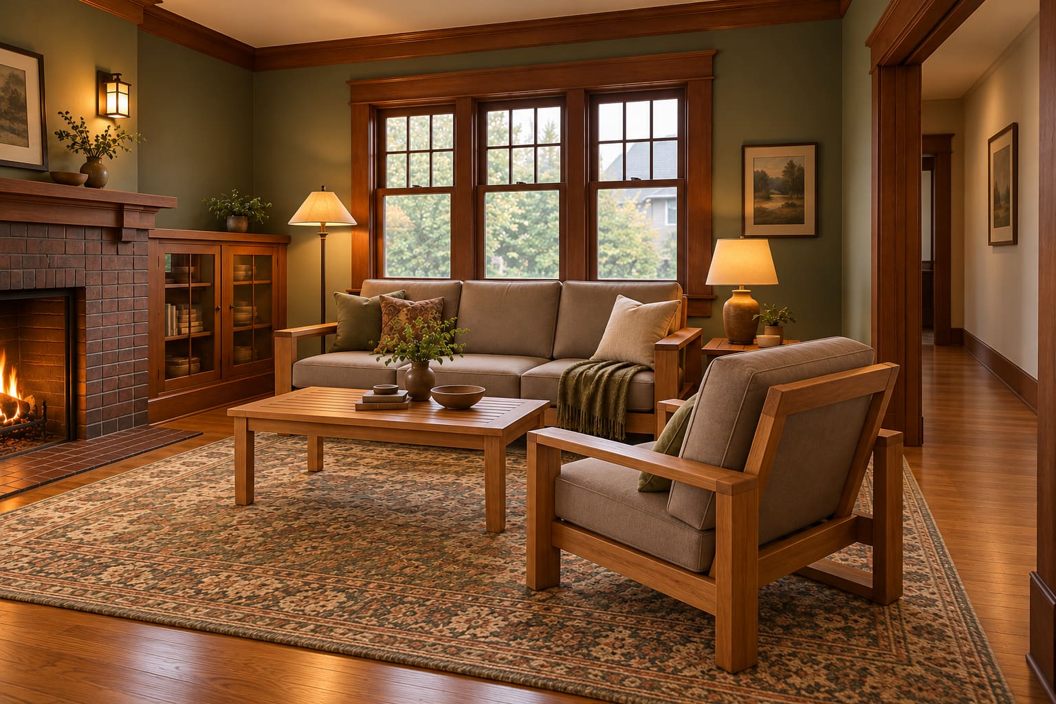 Illustrated Seattle Craftsman living room with moss walls, wood trim, a teak-framed three-seat sofa and chair, slatted coffee table, patterned rug and shaded lamps beside the seats.