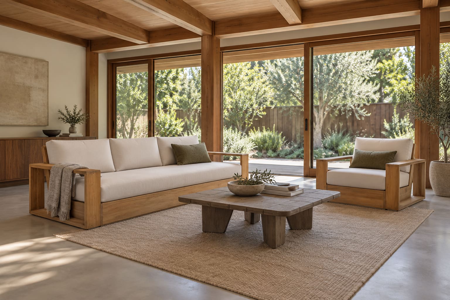 Illustrated California living room with exposed timber beams, a low teak sofa and chair, pale cushions, a square weathered table and glass doors to a shaded yard.