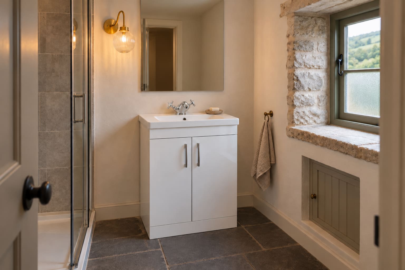 Illustrated compact bathroom with a white two-door vanity, chrome crosshead mixer, rectangular mirror, brass globe light and a deep stone window reveal.