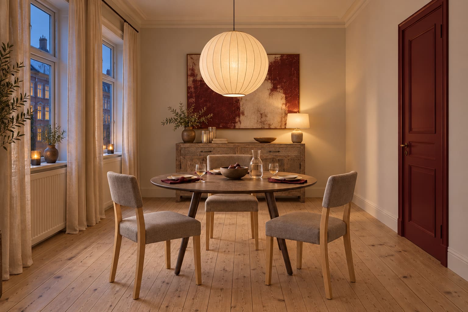 Illustrated Copenhagen dining room with a round dark timber table, three grey upholstered chairs, a large linen pendant, reclaimed-wood sideboard and closed burgundy door.