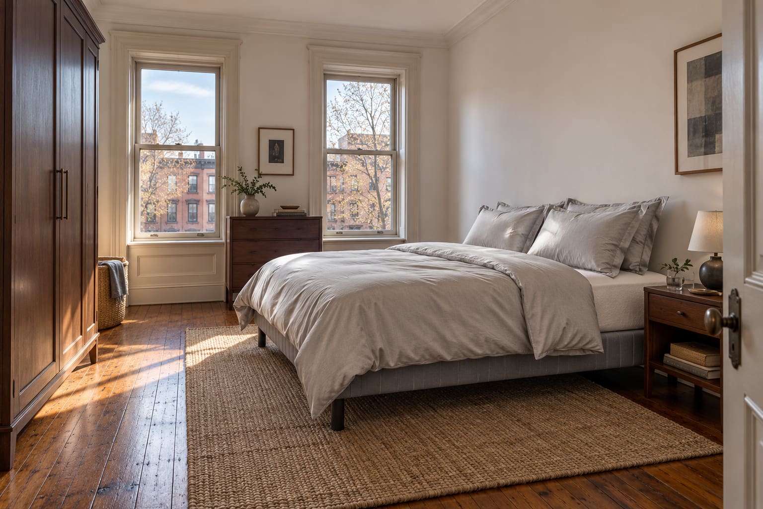 Illustrated brownstone bedroom with a gray upholstered bed base, silver bedding, two tall rear windows, dark wooden storage and a natural-colored rug.