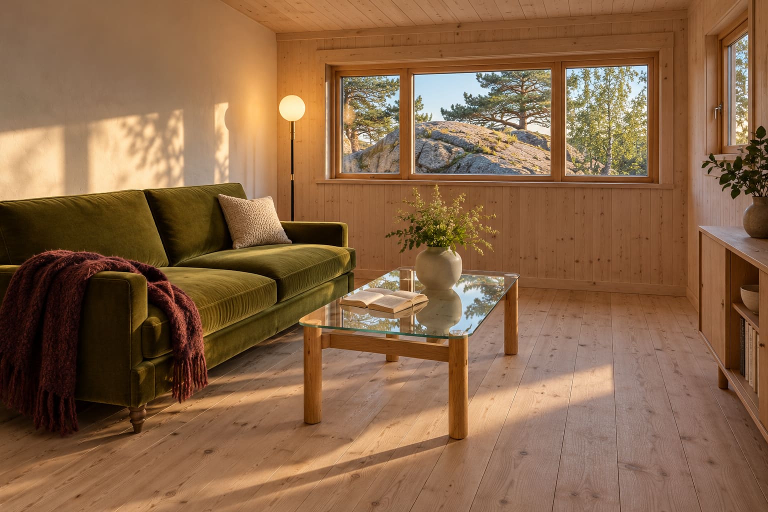 Illustrated timber cabin with an olive sofa, burgundy throw, glass-topped oak coffee table, globe floor lamp and broad window overlooking rocks and pine trees.