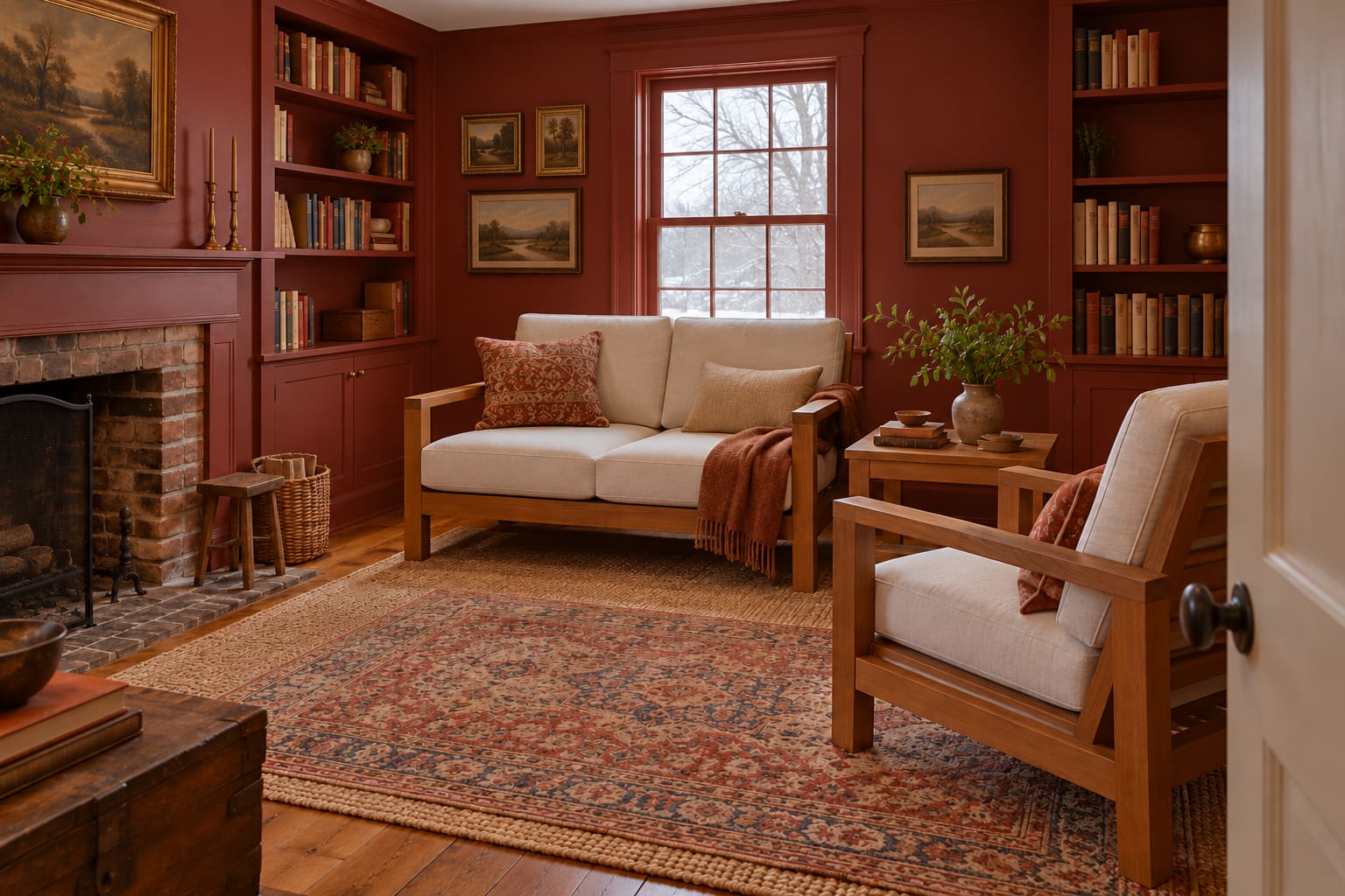 Illustrated Hudson Valley den with red walls and bookshelves, a pale-cushioned teak loveseat and chair, brick fireplace, layered rugs and five wall-hung landscapes.