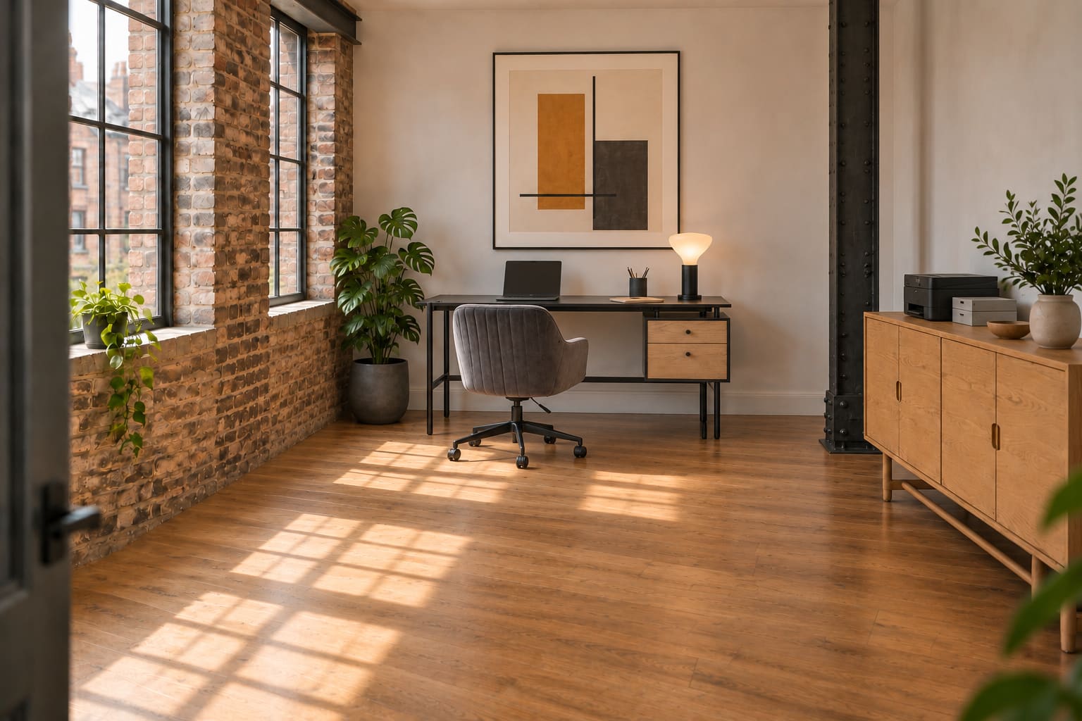 Illustrated warehouse study with a desk against the far plaster wall, tall industrial windows to its left, a grey swivel chair and an oak sideboard holding a printer.