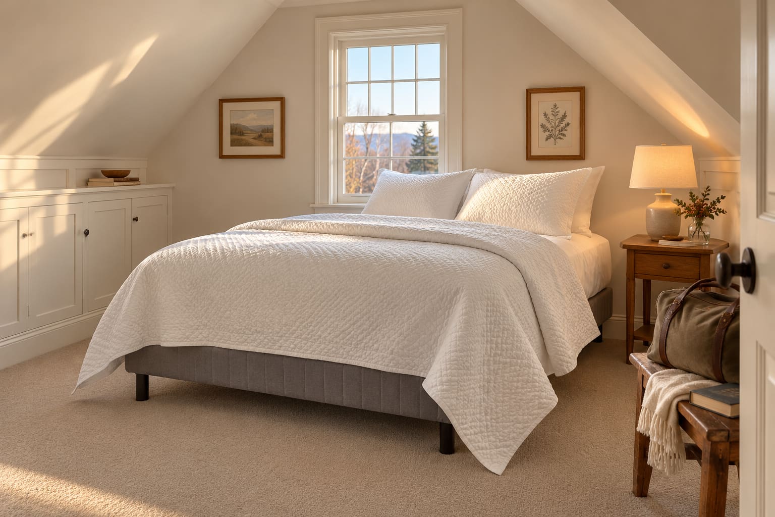 Illustrated Vermont attic guest bedroom with a white quilt, low gray upholstered bed base, pale eaves cabinets, oatmeal carpet, wooden nightstand and a bench holding a weekend bag.