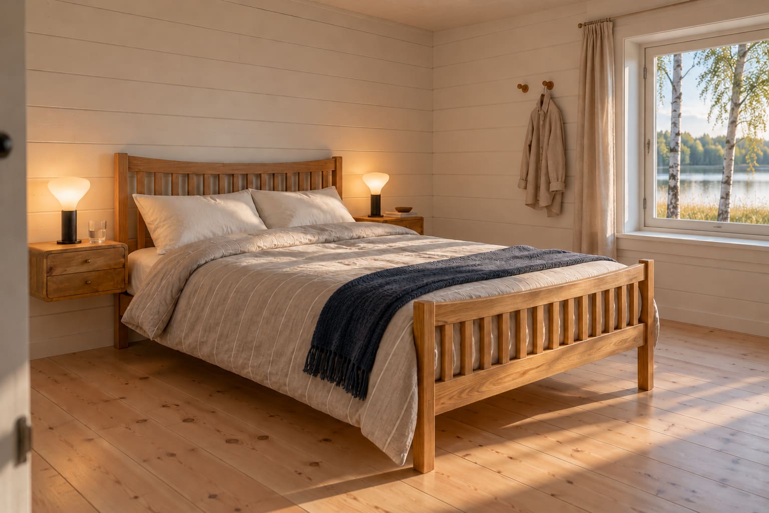 Illustrated lakeside bedroom with an oak slatted bed, grey striped bedding, dark blue throw, floating timber bedside drawers, pale boarded walls and a window looking across water.
