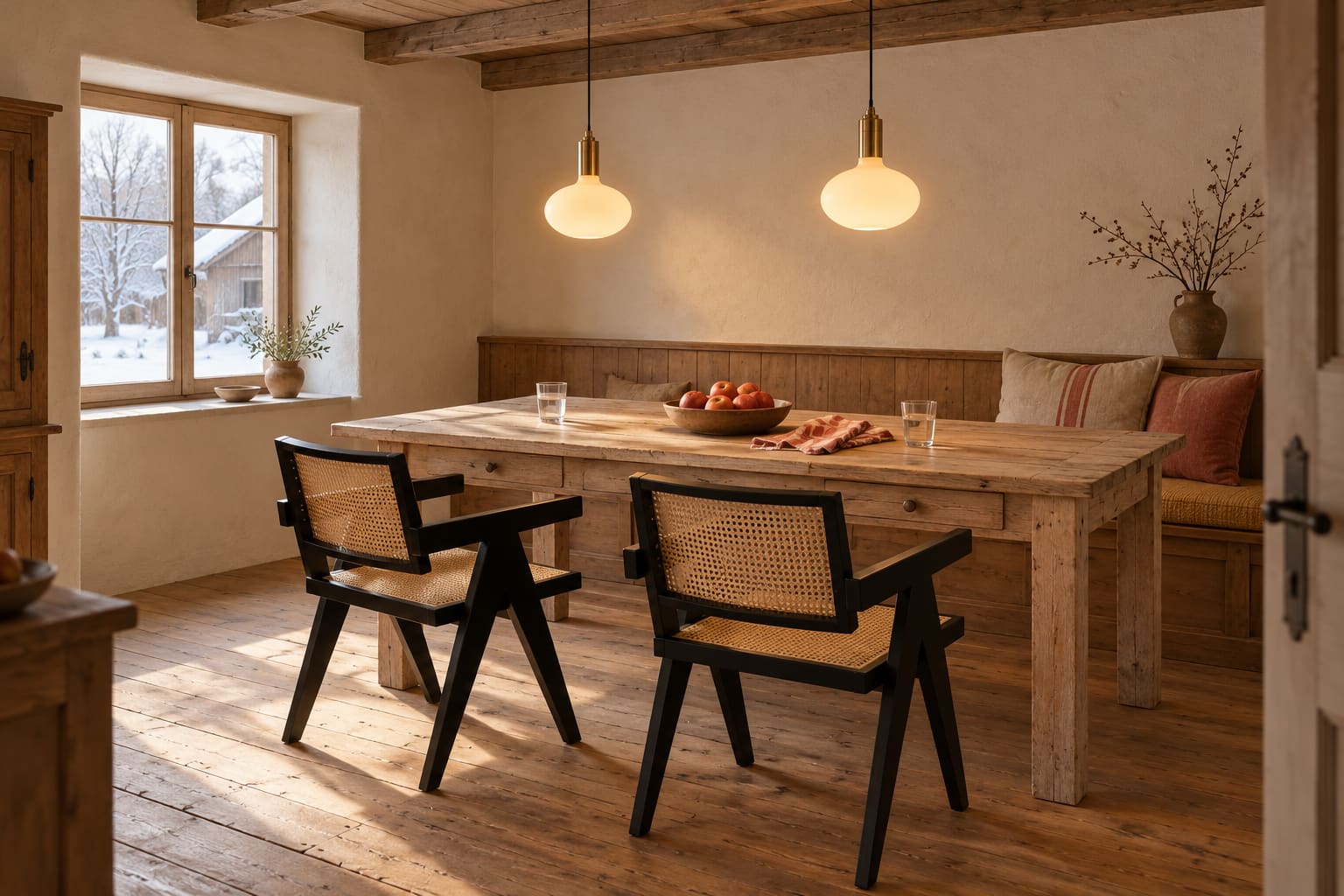 Illustrated farmhouse dining room with a long pale timber table, two black cane armchairs, a cushioned wall bench, two small opal pendants and a snowy orchard outside.