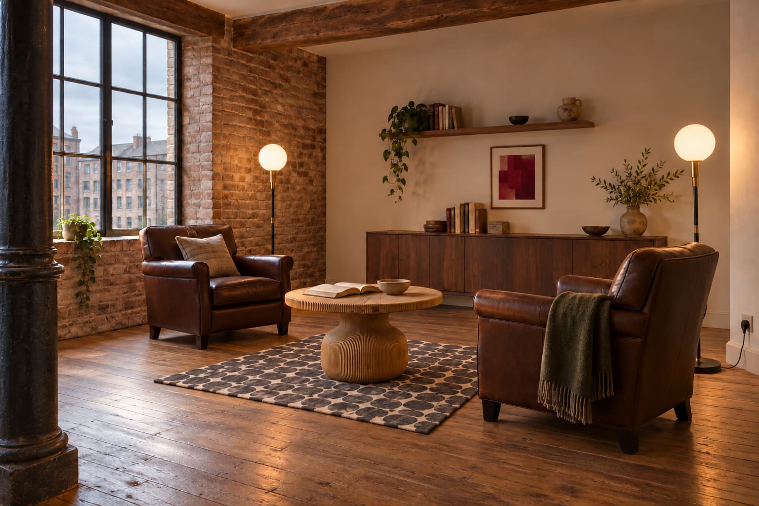Illustrated mill reading room with two brown leather chairs, separate globe lamps, a round grooved timber table, dotted rug, exposed brick and a red abstract above low storage.