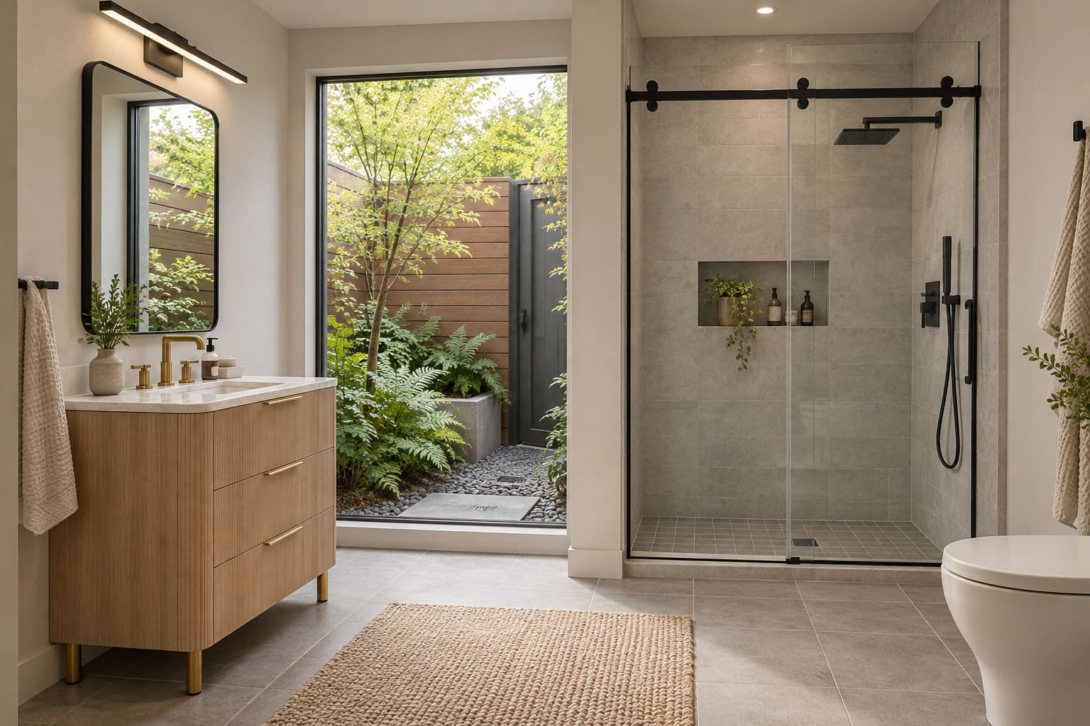 Illustrated bathroom with a light woodgrain three-drawer vanity, black-framed mirror and glass shower beside a tall window overlooking a small planted courtyard.