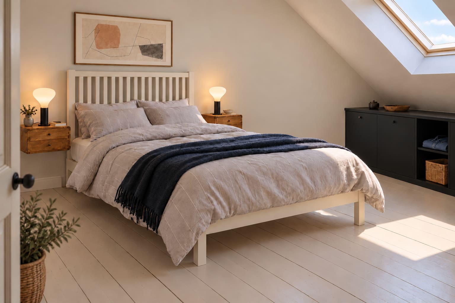 Illustrated attic bedroom with an ivory slatted bed against a plain gable wall, one rooflight, low dark storage and floating wooden bedside drawers.