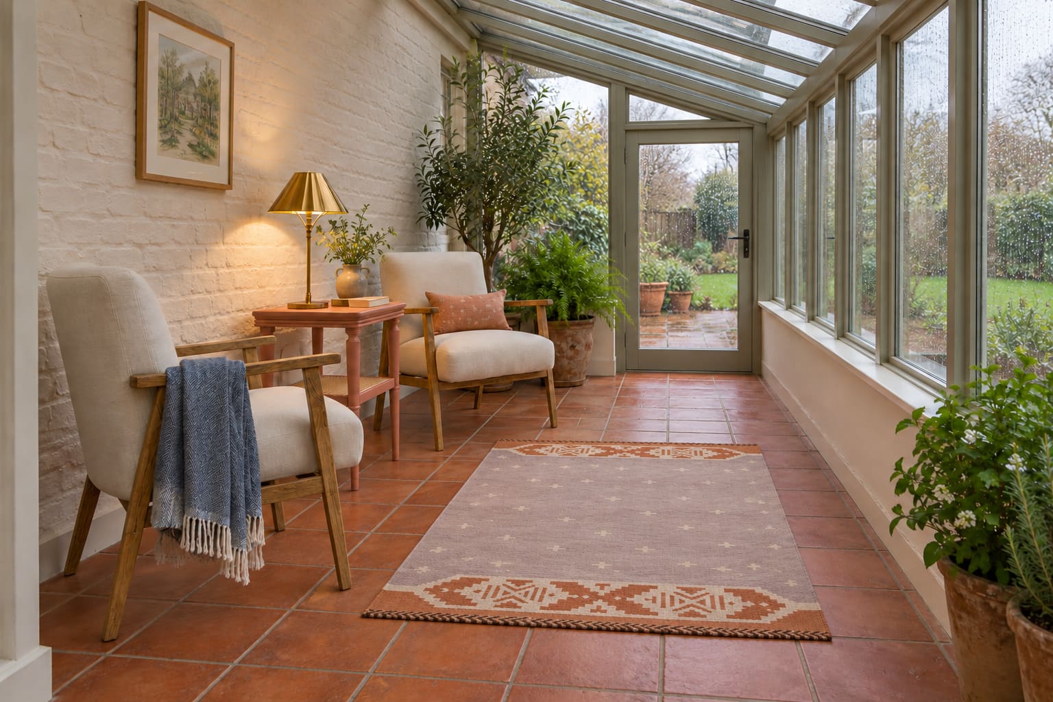 Illustrated lean-to conservatory with rain on the glass, two pale linen chairs beside a painted brick wall, terracotta tiles, a pink patterned rug and a brass table lamp.