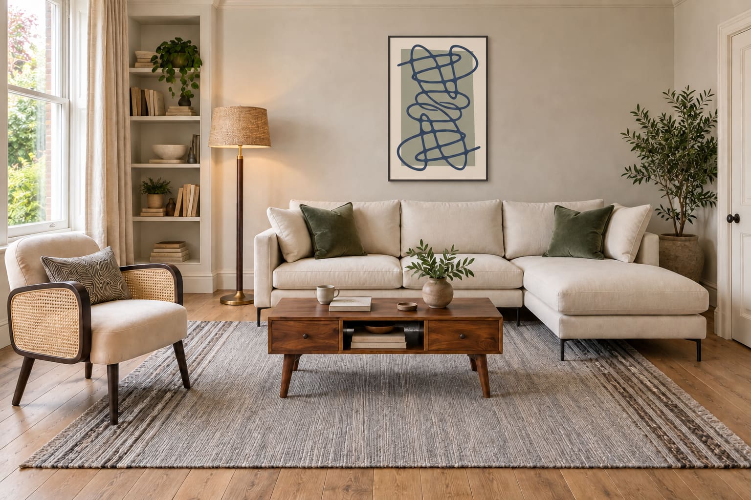 Cream chaise sofa, cane-sided armchair and chestnut coffee table in a warm neutral living room, with blue-line Scribbles artwork and moss cushions.