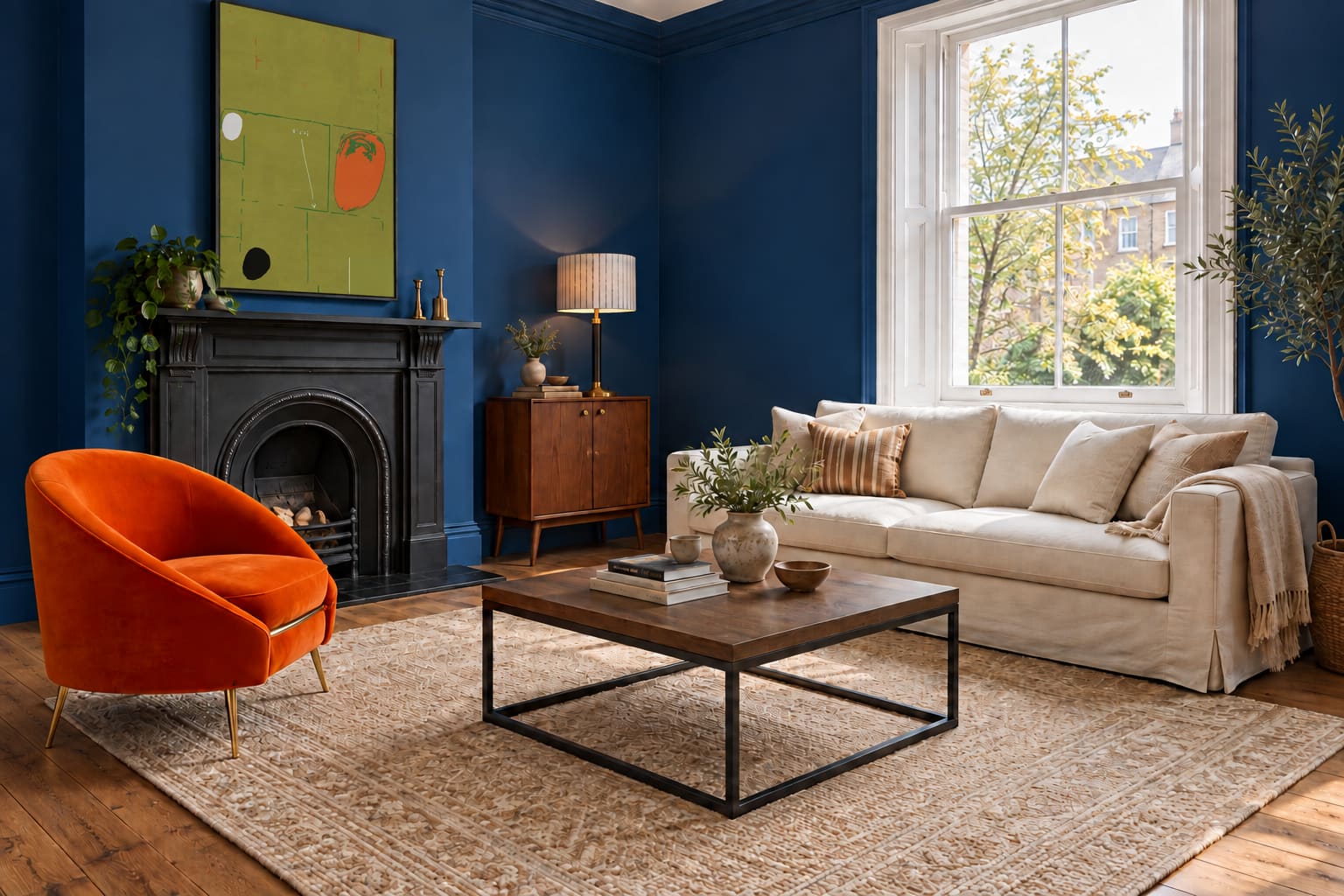 Cobalt sitting room with a cream sofa, orange velvet chair, square oak-and-steel table and olive-green mango abstract above a black fireplace.