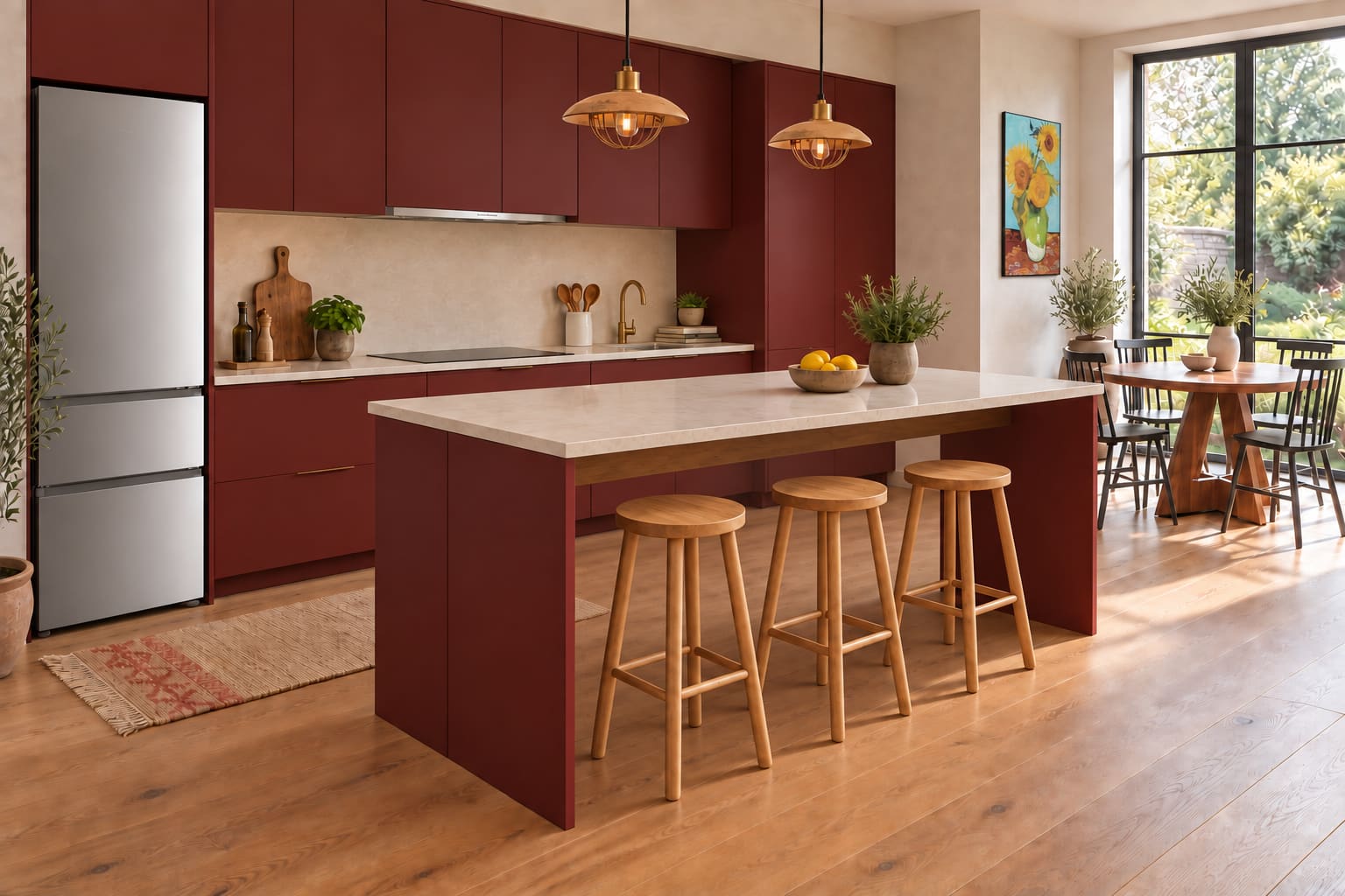 Deep red kitchen with an open stone-topped breakfast island, three timber stools, brass-and-wood pendants, silver fridge and sunflower art beside a round dining table.