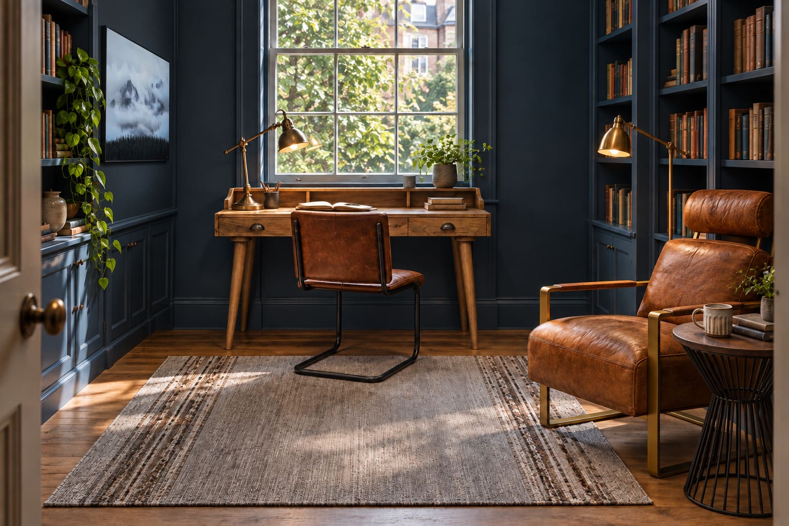 Ink-blue study with a timber gallery desk beneath a sash window, brown leather desk and reading chairs, brass task lights and a mountain photograph among the bookshelves.