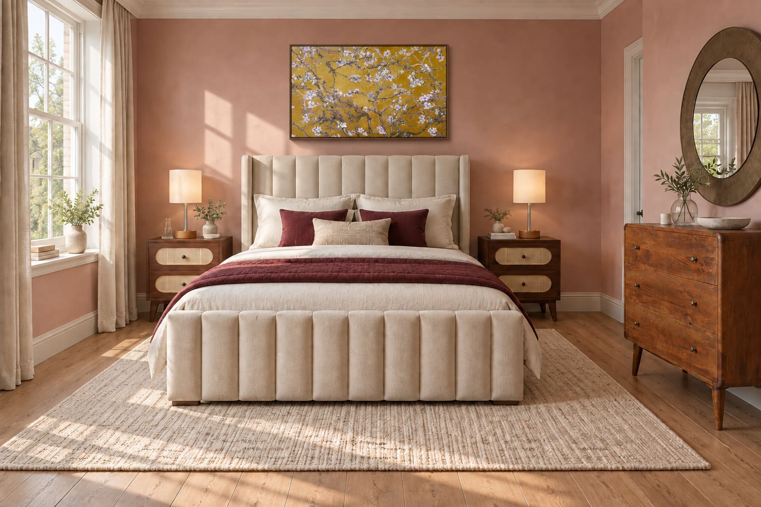 Pink bedroom with a cream channelled bed, burgundy bedding, cane-front bedside tables, a chestnut chest, brass mirror and golden almond-blossom artwork.