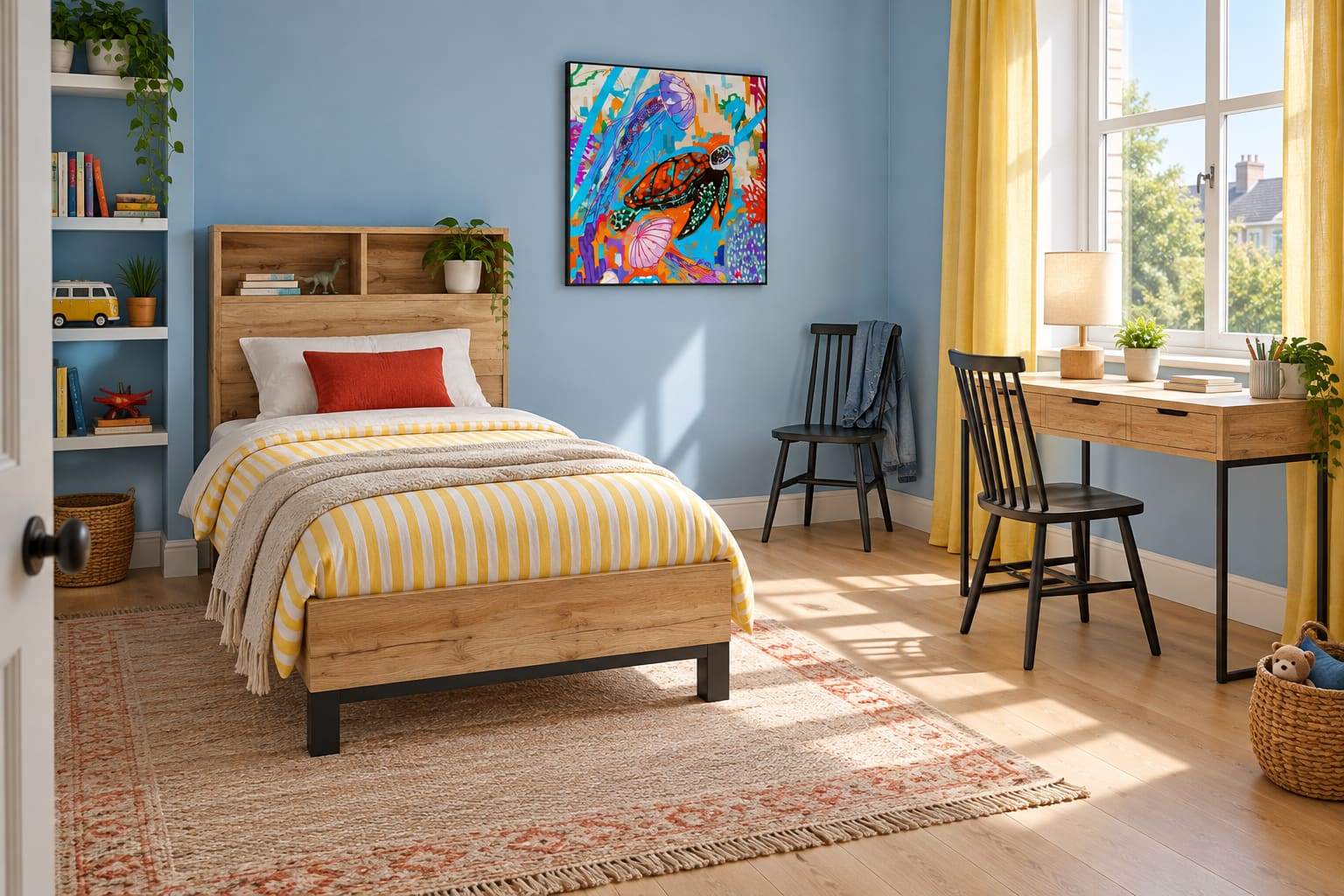 Sky-blue children’s bedroom with a timber bookcase-headboard single bed, yellow-striped bedding, matching desk, black spindle chairs and bright sea-turtle artwork.