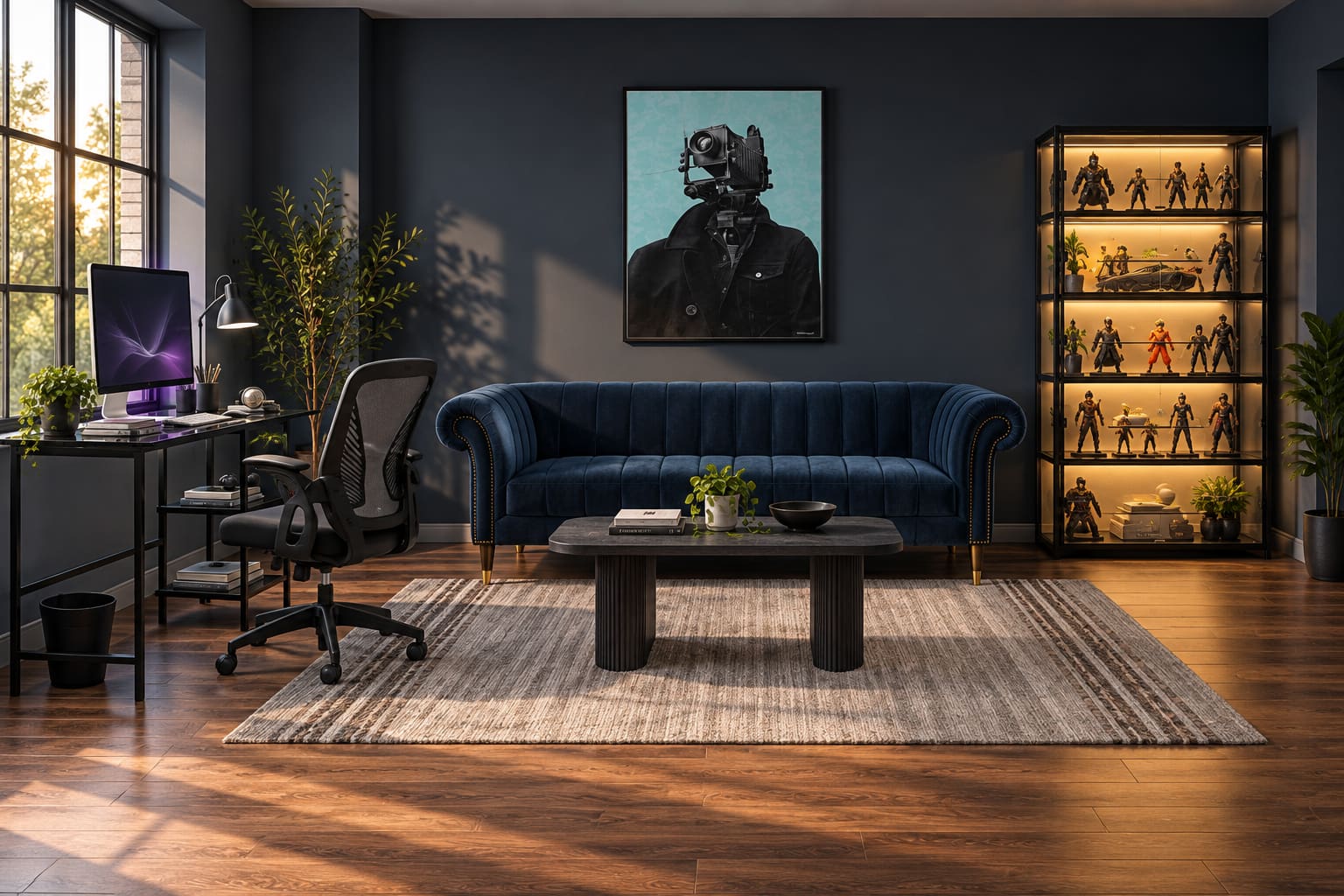 Charcoal gaming room with a midnight-blue velvet sofa, glass desk, black mesh chair, enclosed illuminated display cabinet and camera-headed portrait artwork.