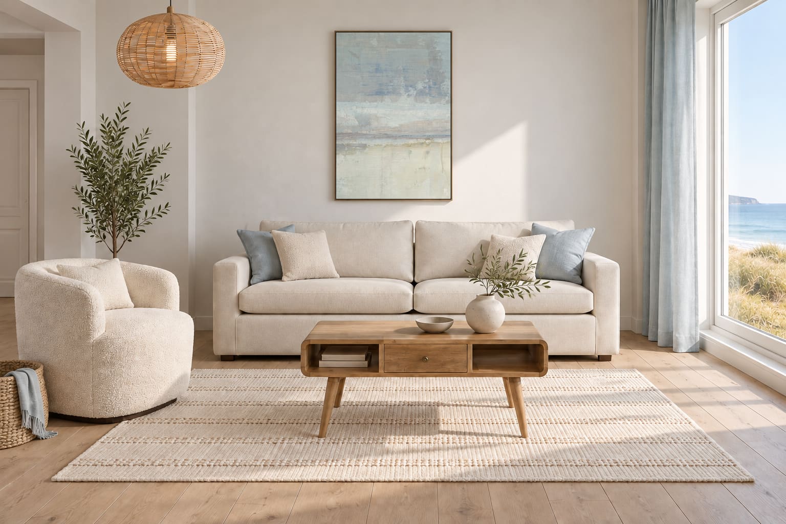 Airy coastal living room with a cream sofa, rounded cream chair, pale timber storage coffee table, woven rug and portrait-format Coastal Tones artwork.