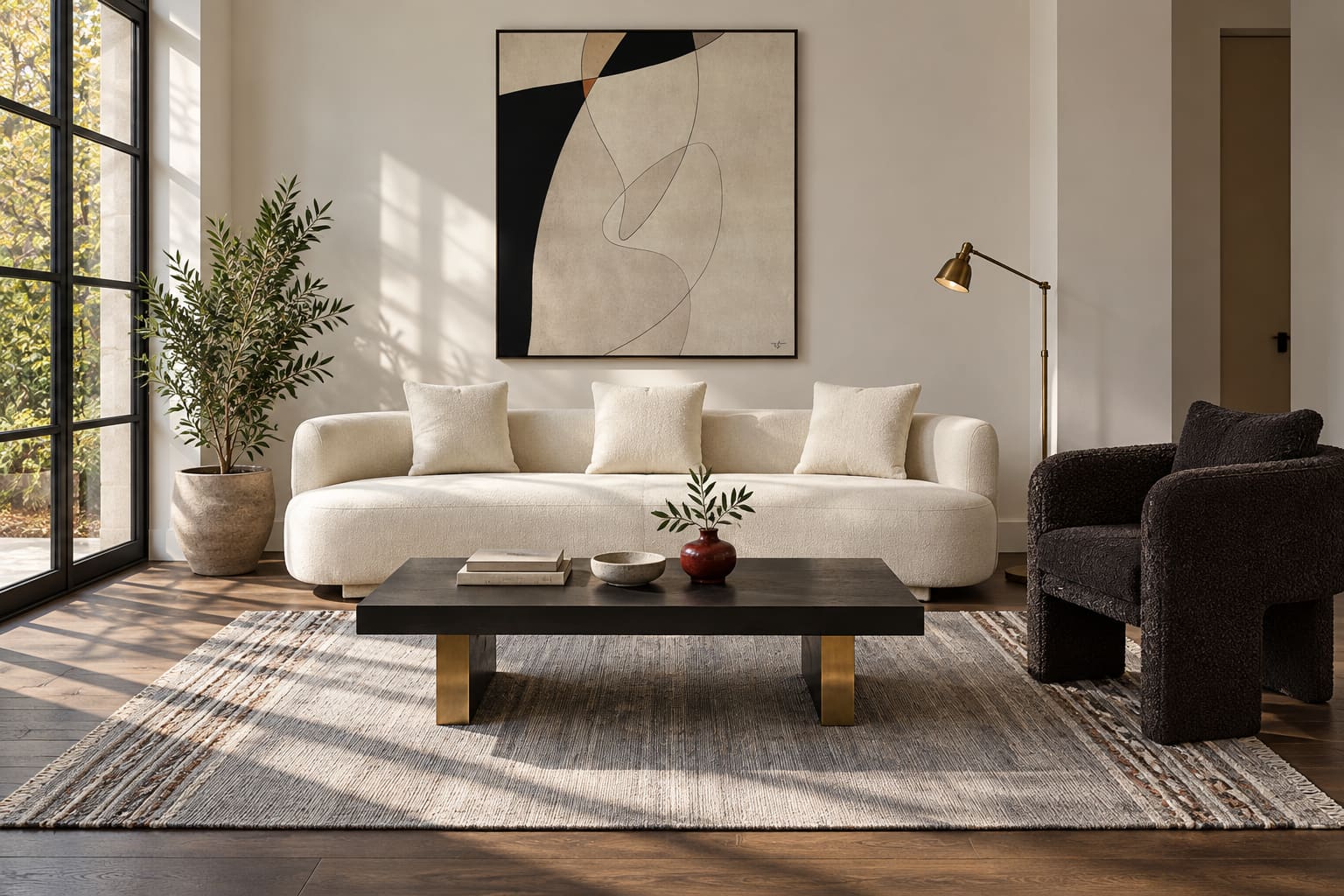 Warm-white living room with a curved cream sofa, black boucle chair, black elm coffee table on brass supports and abstract Bird artwork.