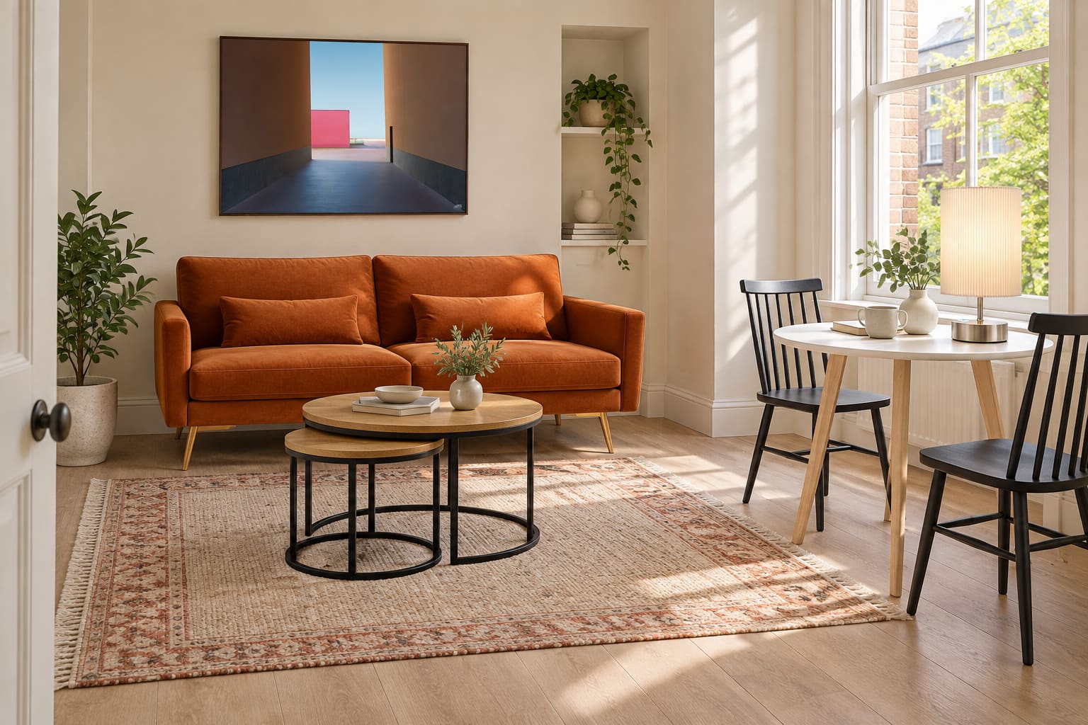 Compact cream living room with an orange velvet sofa, oak nesting coffee tables, round white dining table, black chairs and Open Gate architectural artwork.