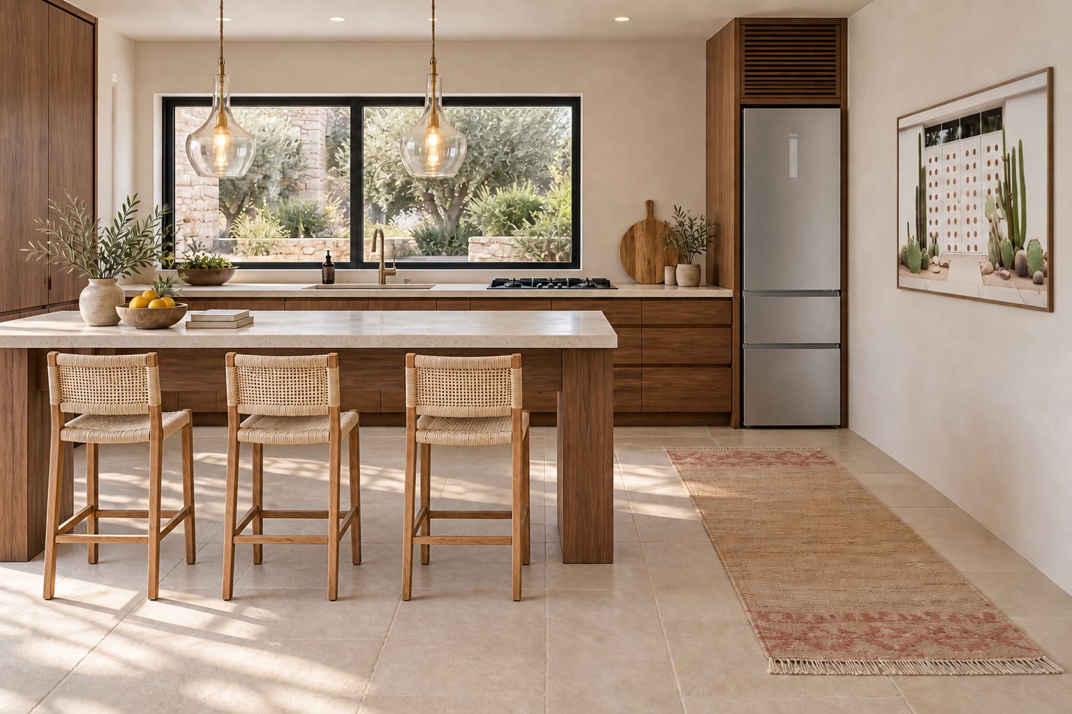 Warm modern walnut kitchen with an open stone breakfast worktable, three cane-backed stools, glass pendants, silver fridge and Mid-Century White artwork.