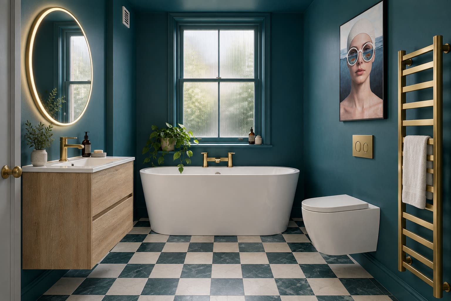 Teal bathroom with an oak wall-hung vanity, round brass mirror, white back-to-wall bath, wall-hung toilet and Swimmer’s Vision artwork on the dry wall.