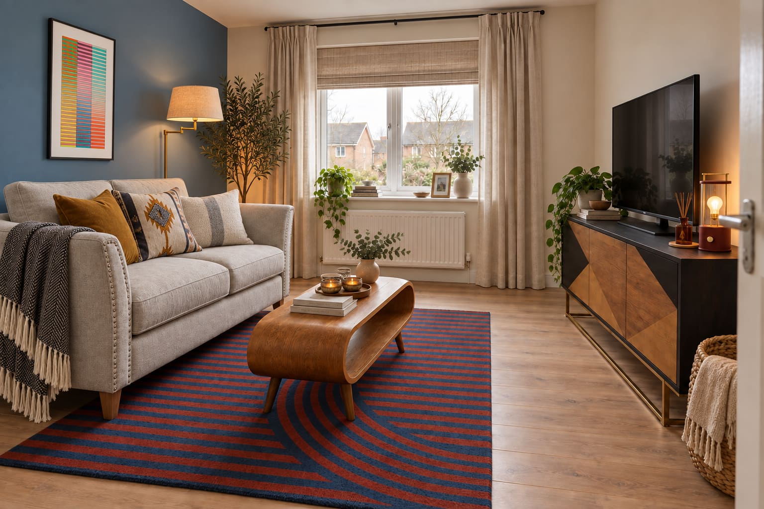 Compact blue-walled living room with a grey two-seater, striped red-and-blue rug, framed colour study, linen curtains, layered cushions, warm lamps and a television on a geometric wooden sideboard.
