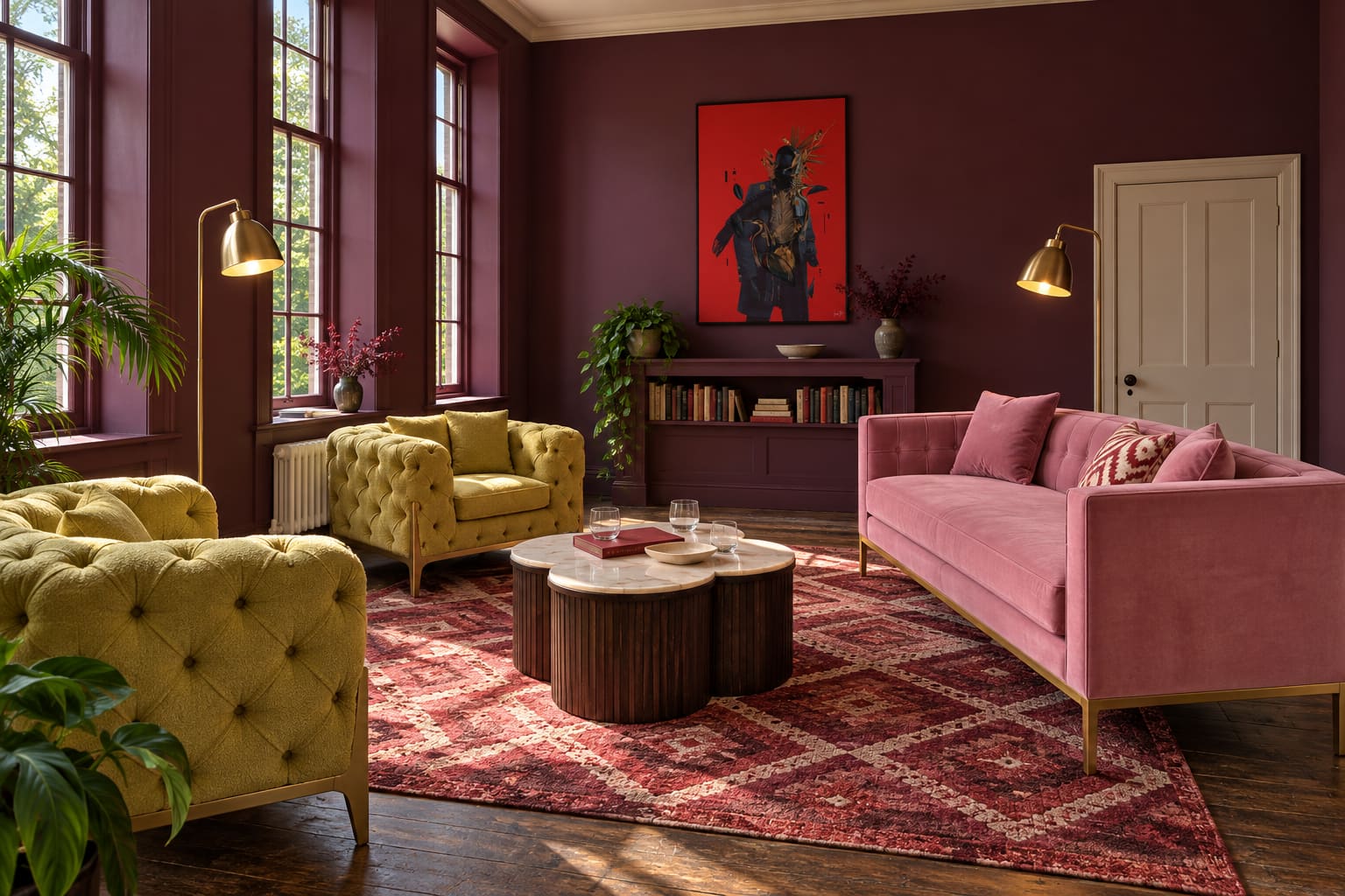 A converted schoolhouse living room with tall windows, plum walls, a pink velvet sofa, two citron armchairs, a clover-shaped marble table and red figurative artwork.