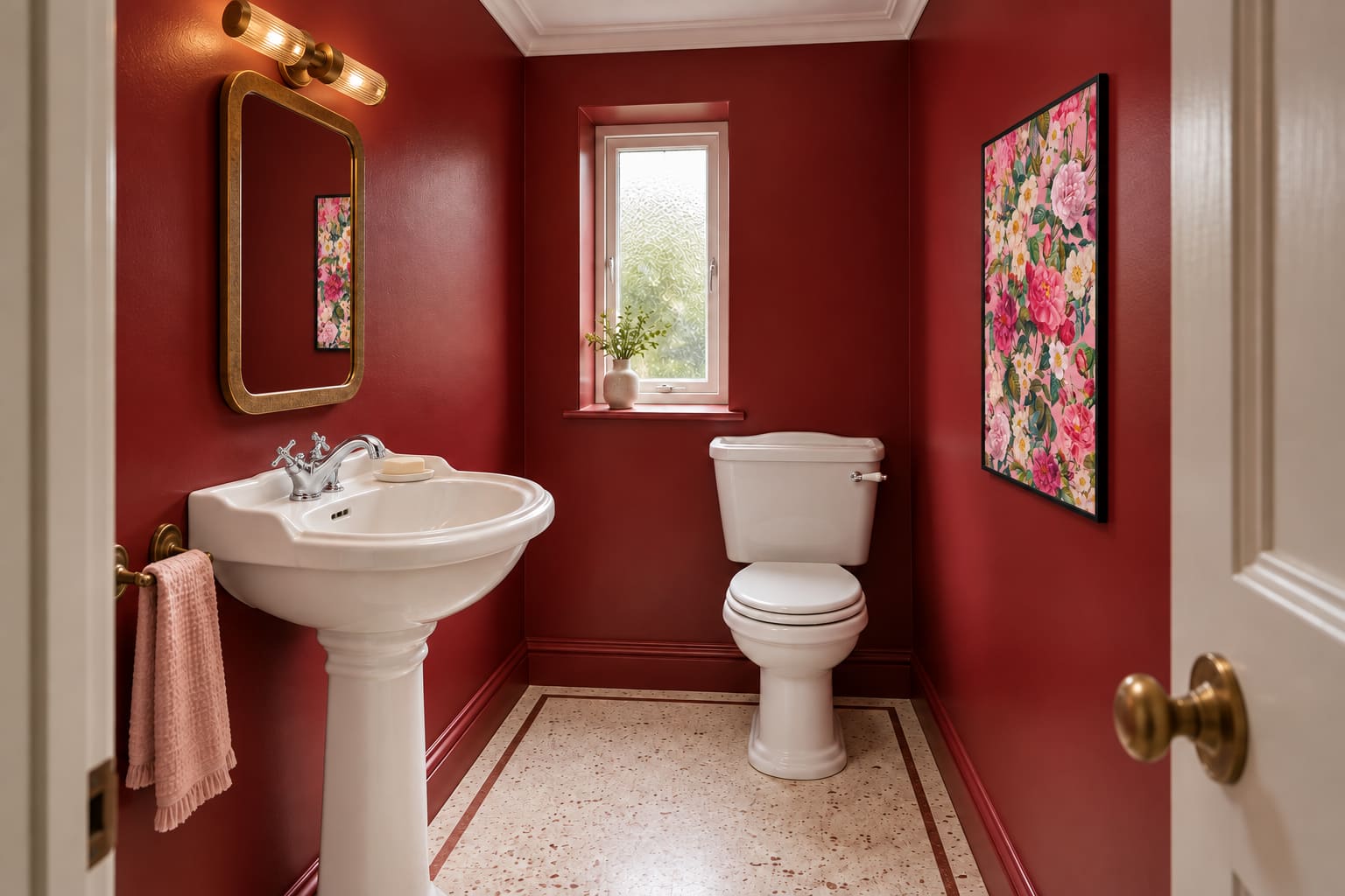 Small oxblood cloakroom viewed through its doorway, with a white pedestal basin, chrome crosshead mixer, rounded brass mirror, double glass wall light and pink floral artwork beside a white WC.