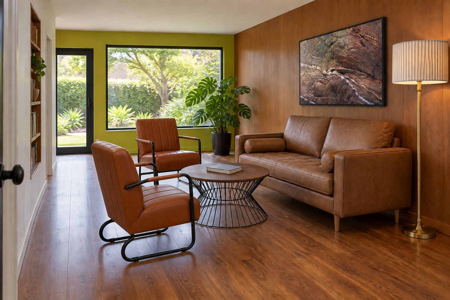 Long living room with a clear passage beside tan cantilever chairs, a brown two-seat sofa, round wire-base coffee table, walnut-coloured panelling, chartreuse garden wall and framed geological photography.