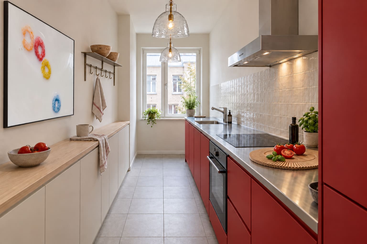 A narrow galley kitchen with tomato-red cabinets and stainless worktops on the right, shallow chalk cupboards on the left, clear glass pendants and a framed cereal photograph.