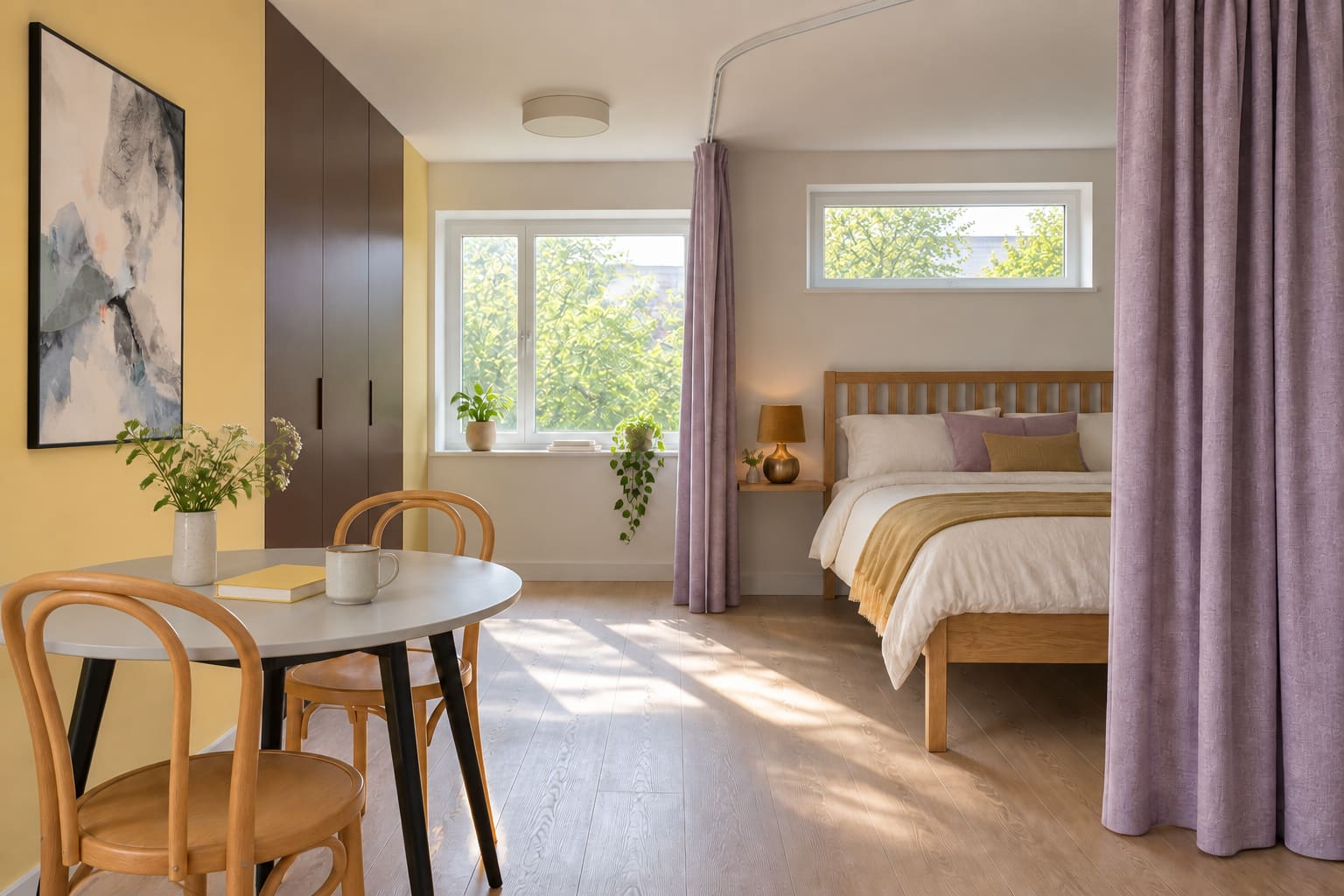 A compact studio with a lilac curtain around an oak double bed, a round grey dining table and two beech bentwood chairs, butter-yellow walls and chocolate cupboards.