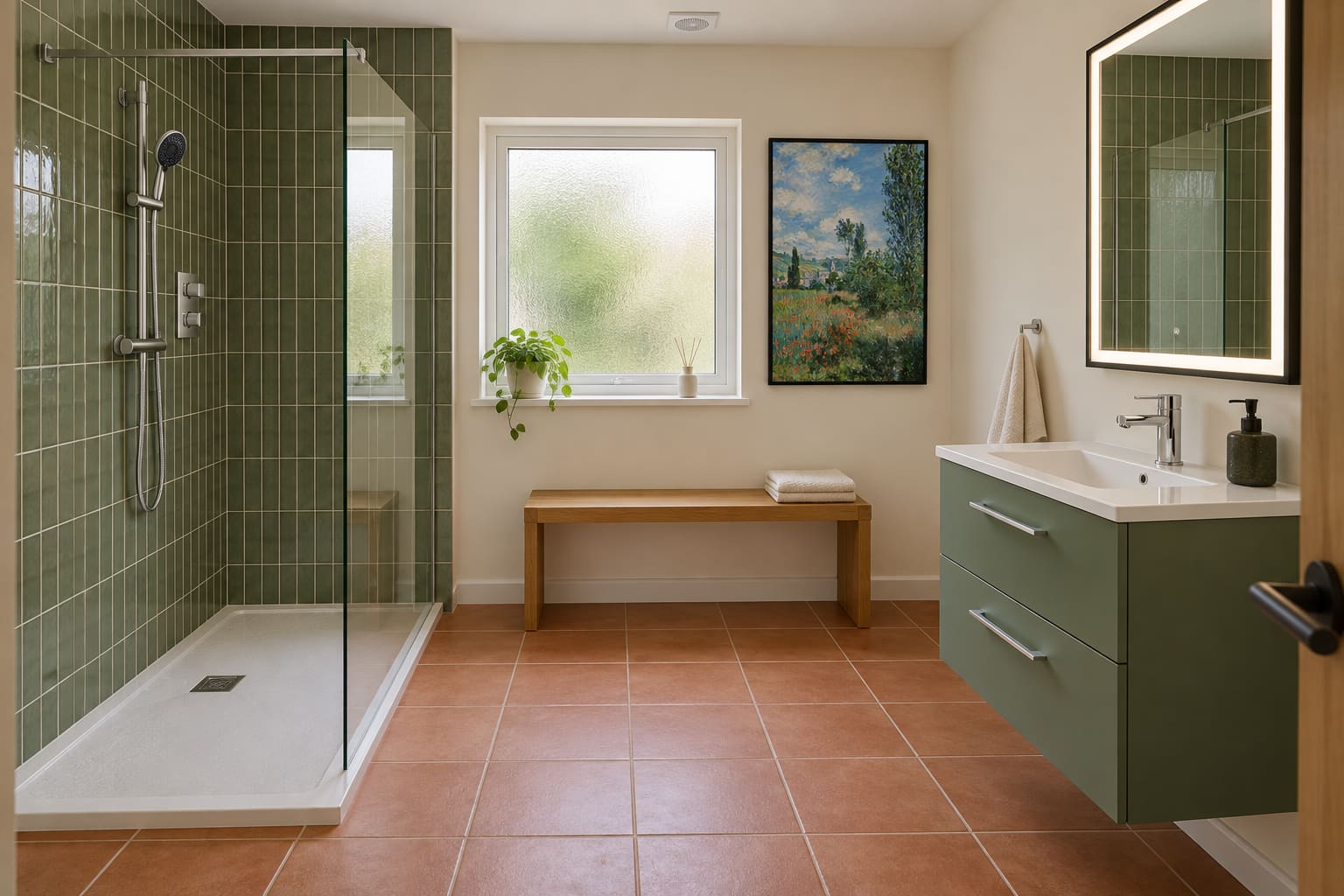 A moss-green and terracotta bungalow bathroom with a long clear-glass shower, floating green vanity, illuminated black mirror and timber bench beneath a frosted window.