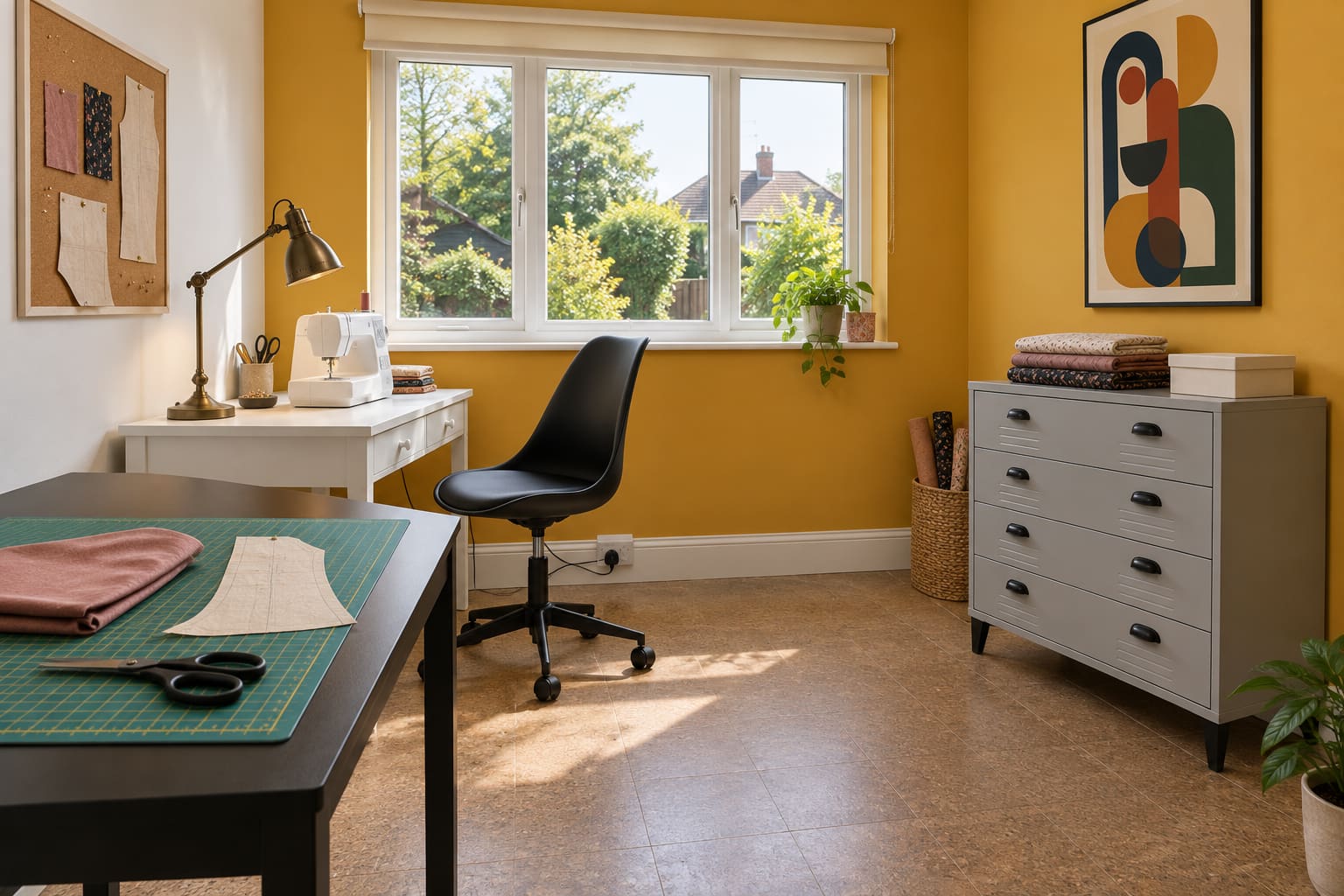 A saffron-yellow sewing room with a white machine desk, black pattern-layout table, black swivel chair, grey four-drawer chest and a framed geometric print.