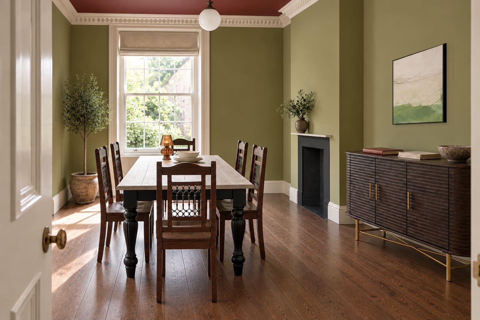 An olive Georgian dining room with an oxblood ceiling, grey-washed table, six dark timber chairs and a fluted sideboard beneath a green abstract.